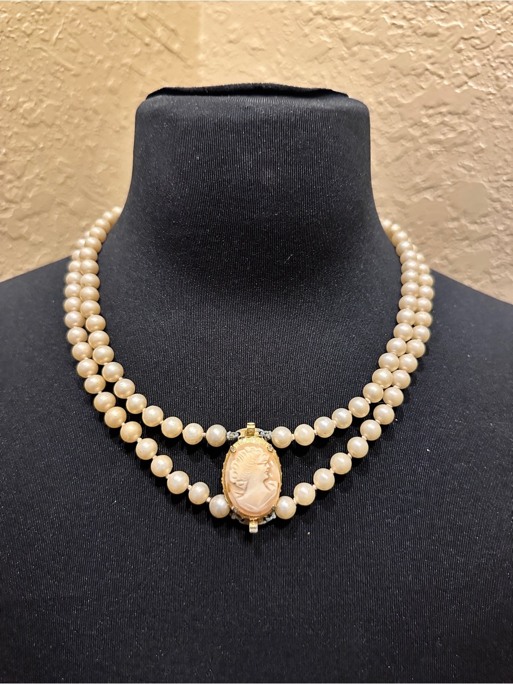 Classic Cream Pearl Double-Strand Necklace with Cameo Pendant